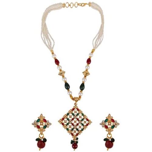 Ethnadore Indian Bollywood 14 K Gold Plated Faux Pearl Beaded Pendant Strand Necklace Earrings Jewelry Set