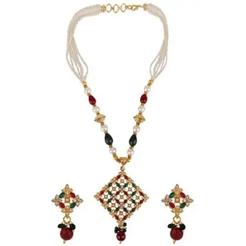 Ethnadore Indian Bollywood 14 K Gold Plated Faux Pearl Beaded Pendant Strand Necklace Earrings Jewelry Set