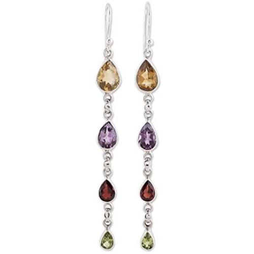 NOVICA Multi-Gem Citrine .925 Sterling Silver Dangle Earrings Dazzling Drops