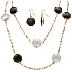 Palm Beach Jewelry Gold Tone Drop Earrings and Station Necklace Set, Round Black and White Crystals, 40''