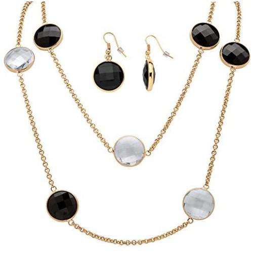Palm Beach Jewelry Gold Tone Drop Earrings and Station Necklace Set, Round Black and White Crystals, 40''