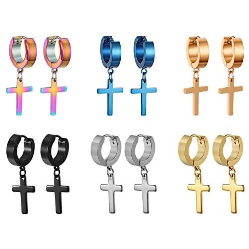 Mens Womens Vintage Stainless Steel Cross Dangle Hoop Earrings, Hinged Huggie Cross Ring Gauges Drop Earrings for Boys Girls