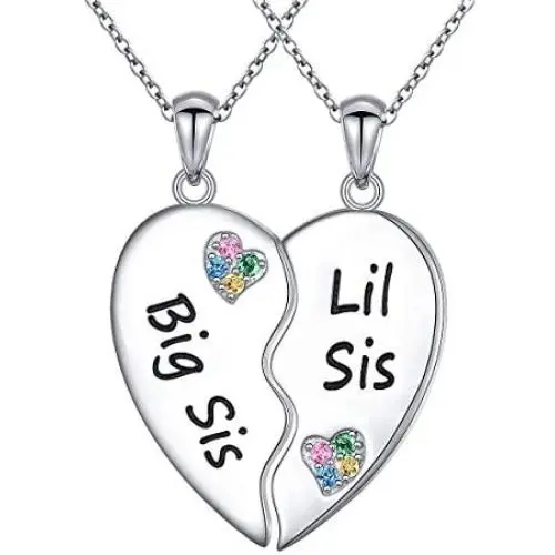 FLYOW Sister Necklaces/Mother Daughter Necklaces/Couple Necklaces for 2 Sterling Silver Heart Necklace Twin Sorority Heart Halves Matching Birthday Gifts for Women