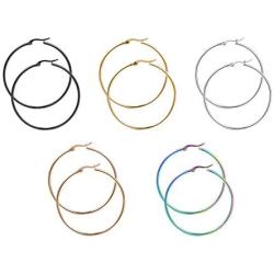 HOUSWEETY 5 Pairs 5 Colors Stainless Steel Smooth Simple Hoop Earrings (Dia.10mm)