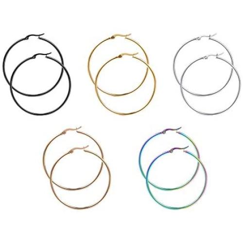HOUSWEETY 5 Pairs 5 Colors Stainless Steel Smooth Simple Hoop Earrings (Dia.10mm)