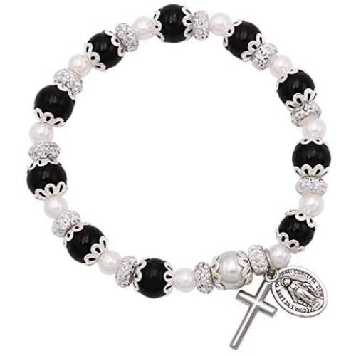 Rosemarie Collections Womens Simulated Pearl Beaded Stretch Rosary Bracelet with Crucifix and Miraculous Medal