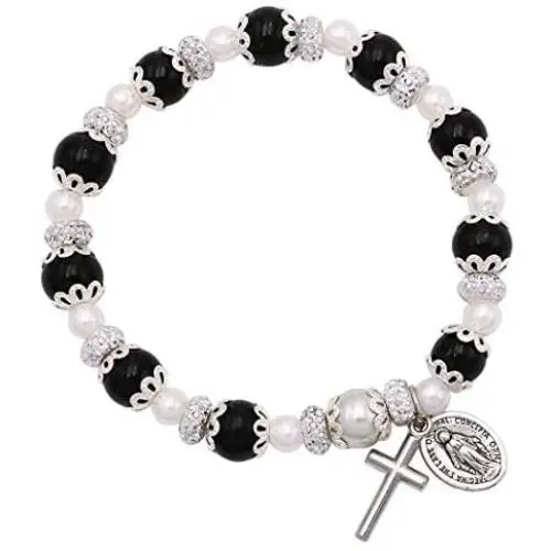 Rosemarie Collections Womens Simulated Pearl Beaded Stretch Rosary Bracelet with Crucifix and Miraculous Medal Rosemarie Collections Womens Simulated Pearl Beaded Stretch Rosary Bracelet with Crucifix and Miraculous Medal