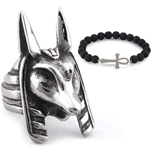 Gungneer Mens Stainless Steel Ancient Egypt Dead God Anubis Amulet Ring Protection Strength Jewelry Accessories