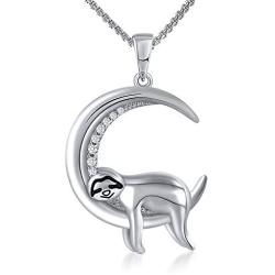 Grecia White Gold Plated Sloth Necklace Moon Pendent Necklace with 5A Cubic Zirconia, Jewelry Anniversary Presents for Mom, Girlfriend, Wife, Sister