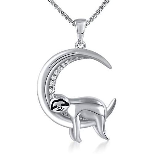 Grecia White Gold Plated Sloth Necklace Moon Pendent Necklace with 5A Cubic Zirconia, Jewelry Anniversary Presents for Mom, Girlfriend, Wife, Sister