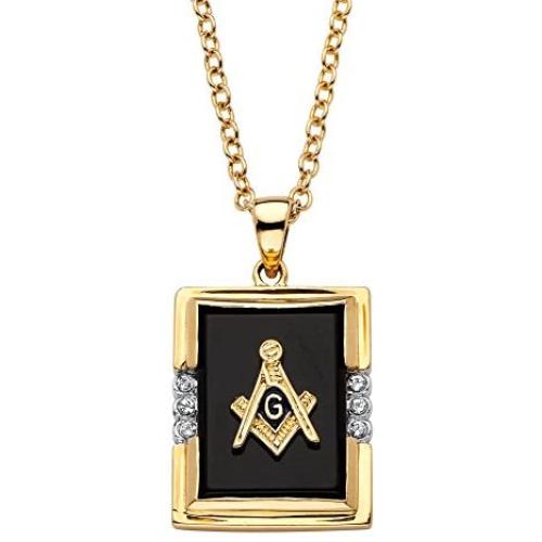 Palm Beach Jewelry Mens 14K Yellow Gold Plated Rectangular Shaped Natural Black Onyx Masonic Pendant (16mm) with 20 inch Chain