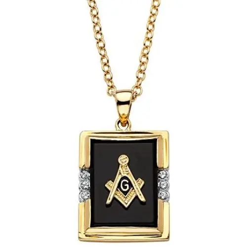 Palm Beach Jewelry Mens 14K Yellow Gold Plated Rectangular Shaped Natural Black Onyx Masonic Pendant (16mm) with 20 inch Chain