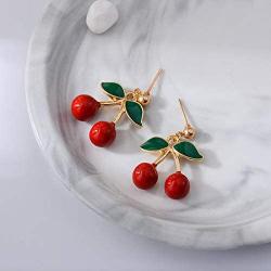 TIANHONGYAN 18K Gold Plated Fruit Cherry Earring Unique 3D Green Leaf Red Cherry Charm Tassel Dangle Drop Stud Earrings for Women Girls Jewelry Gift