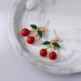 TIANHONGYAN 18K Gold Plated Fruit Cherry Earring Unique 3D Green Leaf Red Cherry Charm Tassel Dangle Drop Stud Earrings for Women Girls Jewelry Gift