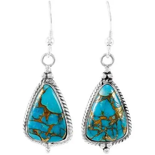 925 Sterling Silver Earrings Genuine Turquoise Drop Dangles