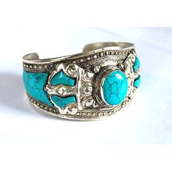 Blue Stabilized Turquoise Argentium Plated Stainless Steel & Ornate Alloy Band Adjustable Cuff Bracelet | Nepal Jewelry