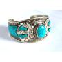 Blue Stabilized Turquoise Argentium Plated Stainless Steel & Ornate Alloy Band Adjustable Cuff Bracelet | Nepal Jewelry