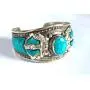 Blue Stabilized Turquoise Argentium Plated Stainless Steel & Ornate Alloy Band Adjustable Cuff Bracelet | Nepal Jewelry Blue Stabilized Turquoise Argentium Plated Stainless Steel & Ornate Alloy Band Adjustable Cuff Bracelet | Nepal Jewelry