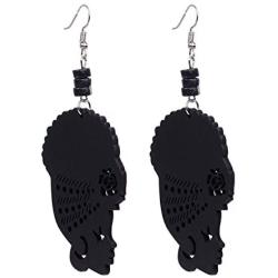 Wooden Flower Turban African Woman Head and Bead Dangle Hook Earrings