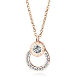 León Jewelry Roman Numerals Cubic Zirconia Ring Round Pendant Necklace Stainless Steel Rose Gold Plated for Women Girls