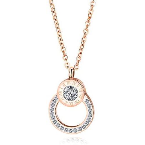 León Jewelry Roman Numerals Cubic Zirconia Ring Round Pendant Necklace Stainless Steel Rose Gold Plated for Women Girls