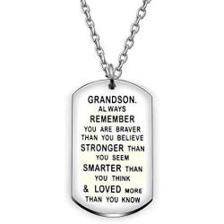 AGR8T Grandson Pendant Necklace Birthday Dog Tag Gifts for Men Boy You are Braver Stronger Smarter Than You Think