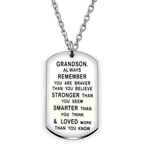 AGR8T Grandson Pendant Necklace Birthday Dog Tag Gifts for Men Boy You are Braver Stronger Smarter Than You Think