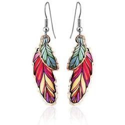 Colorful Copper Feather Earrings for Women Girls, Wires are Hypoallergenic -Feather Jewelry-Handmade Drop Dangle