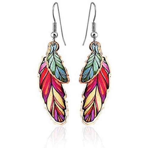 Colorful Copper Feather Earrings for Women Girls, Wires are Hypoallergenic -Feather Jewelry-Handmade Drop Dangle