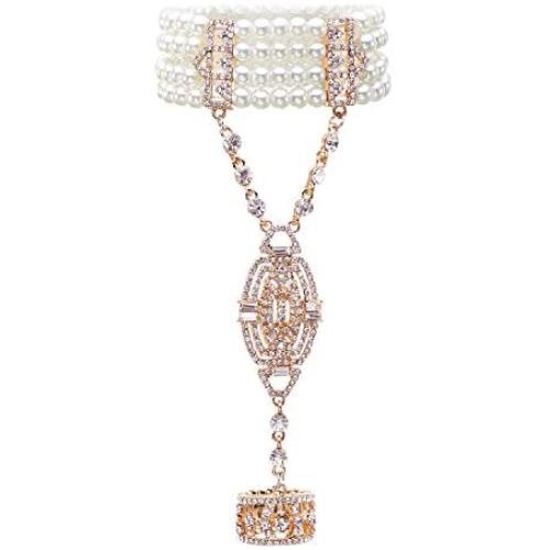 Metme 1920s Gatsby Accessories Imitation Pearls Rhinestone Bracelet Adjustable Ring Set