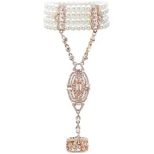 Metme 1920s Gatsby Accessories Imitation Pearls Rhinestone Bracelet Adjustable Ring Set Metme 1920s Gatsby Accessories Imitation Pearls Rhinestone Bracelet Adjustable Ring Set