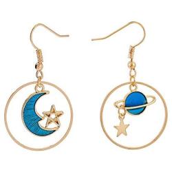 Star Moon Dangle Earrings for Girls Women Simple Earth Moon Charm Blue Drop Earrings