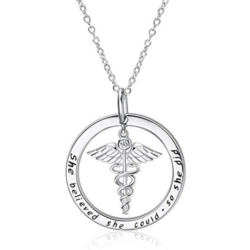 WINNICACA Sterling Silver Nurse Themed Necklace Caduceus & Stethoscope Necklace Nurse Gifts for Women Doctor Graduation Medical Student Women Girls