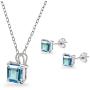 GemStar USA Sterling Silver London or Swiss Blue Topaz Square Solitaire Necklace and Stud Earrings Set