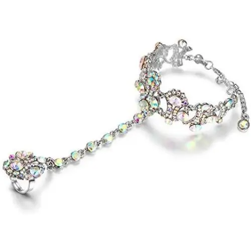 EVER FAITH Womens Austrian Crystal 1920s Style Inspired Banquet Prom Bracelet Adjustable Ring Set Silver-Tone