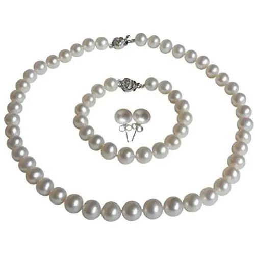 Pearl Romance II Round Pearl II White Pearl Necklace Bracelet & Earrings Set for Women 3 Piece Set Strand Stud Earring Pearl Jewelry Christmas Genuine Cultured Freshwater