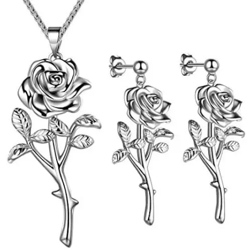 Beautlace Rose Necklaces/Adjustable Rings Silver/18K Gold/Black Gun Plated Flower Pendant/Open Ring Elegant Jewelry Gifts for Women Beautlace Rose Necklaces/Adjustable Rings Silver/18K Gold/Black Gun Plated Flower Pendant/Open Ring Elegant Jewelry Gifts for Women
