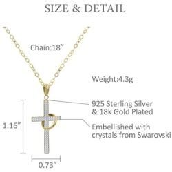 AMATA FINE JEWELRY 18K Gold Plated Sterling Silver Necklace, Studded with Swarovski Crystals Cross, 18''+2'' Chain Necklace with a Gold Plated Sterling Silver Ring.