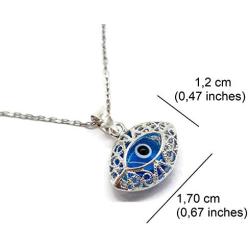 Mystic Jewels - 925 Sterling Silver Glass Evil Eye Drop Shape Filigree Pendant with Silver Chain (Eye Shape)