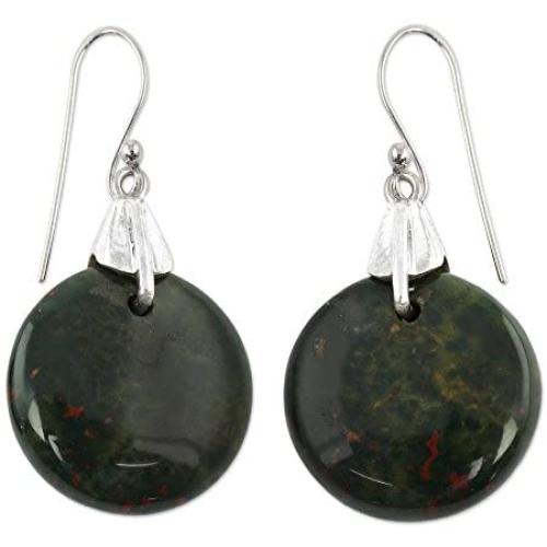 NOVICA Polished Bloodstone .925 Sterling Silver Dangle Earrings Moon of Justice