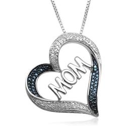 Jewelili Sterling Silver 1/10 Cttw Treated Blue and White Round Diamond MOM Cut Out Tilted Heart Pendant Necklace, 18'' Box Chain