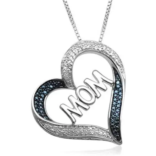 Jewelili Sterling Silver 1/10 Cttw Treated Blue and White Round Diamond MOM Cut Out Tilted Heart Pendant Necklace, 18'' Box Chain Jewelili Sterling Silver 1/10 Cttw Treated Blue and White Round Diamond MOM Cut Out Tilted Heart Pendant Necklace, 18'' Box Chain