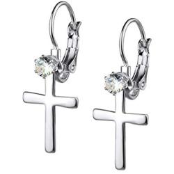 555Jewelry Womens Stainless Steel Small Cross CZ Stud Dangle Lever Back Earrings