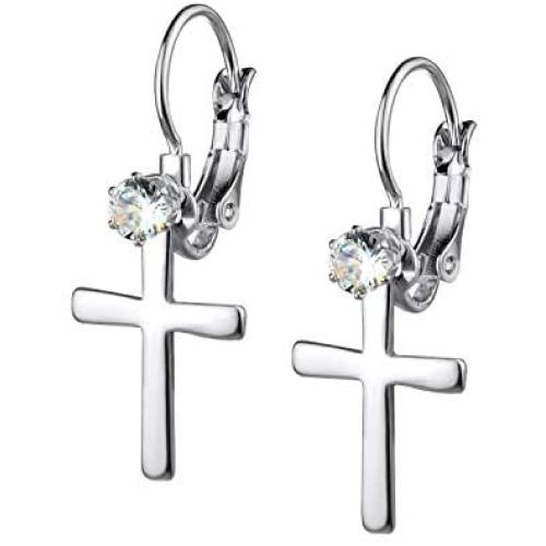 555Jewelry Womens Stainless Steel Small Cross CZ Stud Dangle Lever Back Earrings