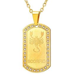 U7 Men Women Zodiac Sign Necklace Stainless Steel Rolo Chain Rhinestone Dog Tags Pendant with Constellation Horoscope Sign, Gift Packed, Custom Text Engravable
