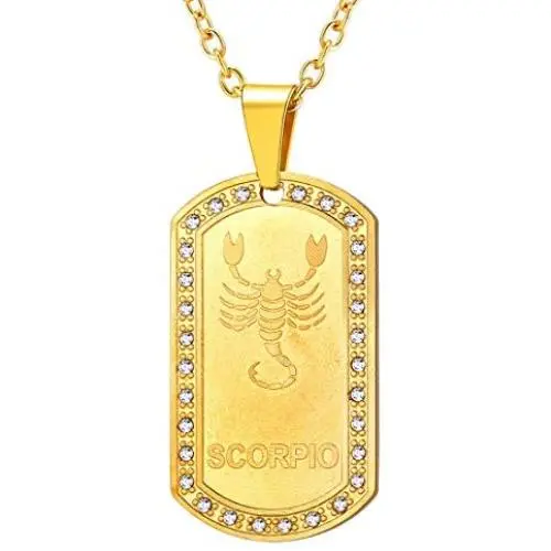 U7 Men Women Zodiac Sign Necklace Stainless Steel Rolo Chain Rhinestone Dog Tags Pendant with Constellation Horoscope Sign, Gift Packed, Custom Text Engravable