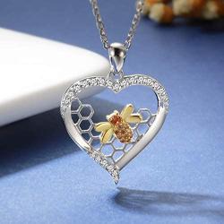 Sterling Silver Bee Honeycomb Necklace S925 Love Heart Little Bumblebee Cubic Zirconia Pendant Jewelry Gift for Teens Women Girl