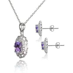 Sterling Silver Genuine Simulated Gemstone Oval Filigree Flower Pendant Necklace Stud Earrings Set