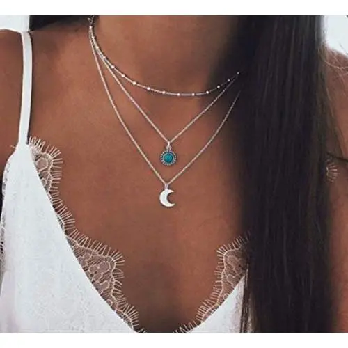 Ckecharfa Boho Layered Turquoise Necklaces Silver Moon Pendant Neck Chain Beaded Choker Necklace Summer Beach Jewelry Accessories for Women and Girls Ckecharfa Boho Layered Turquoise Necklaces Silver Moon Pendant Neck Chain Beaded Choker Necklace Summer Beach Jewelry Accessories for Women and Girls