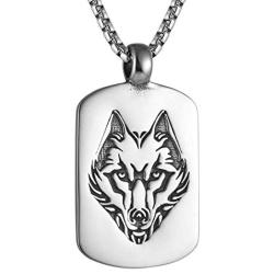 Wolf Tag Necklace for Men, Norse Viking Wolf Head Pendant Necklace with 27.6” Chain, Retro Wolf Totem Necklace, Vintage Wolf Signet Amulet Necklace, Punk Animal Wolf Jewelry Gift for Men Boys